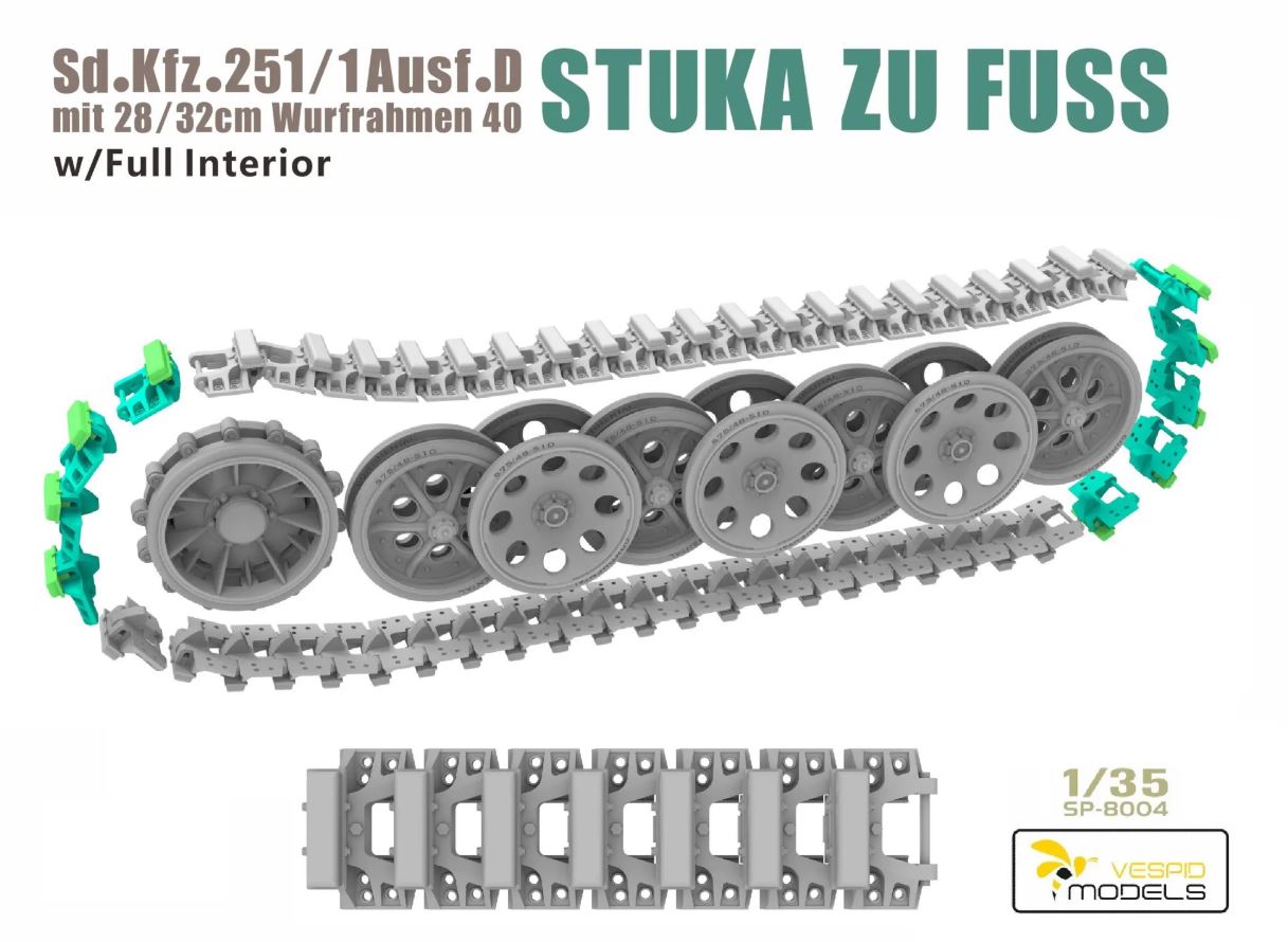 Model kit components for a Stuka with tracks and interior on a white background