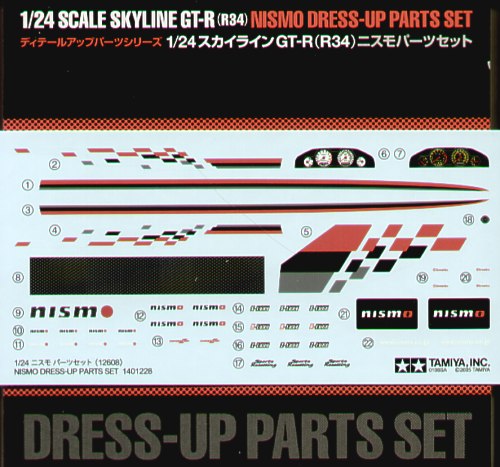 Skyline GT-R (R34) Nismo up-grade parts. Replacement large diameter wheels, brake discs, stripes etc (designed to be used with Tamiya kits)