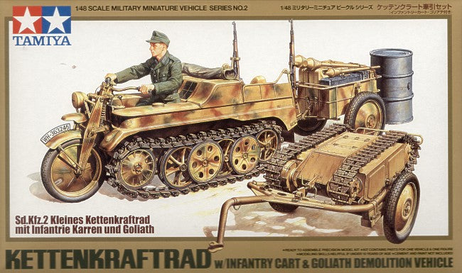 Sd.Kfz.2 Kettenkrad with Goliath Infantry Cart. Also includes Tow bar, grenade launcher, oil drum, ammunition boxes, rifles and driver figure. 4 decal options for Luftwaffe and Army
