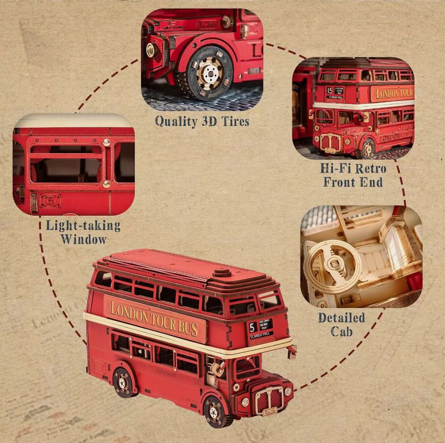Rolife ROKR TGM02 3D Wooden Puzzle London Tour Bus Model Kits for the Family to enjoy.
