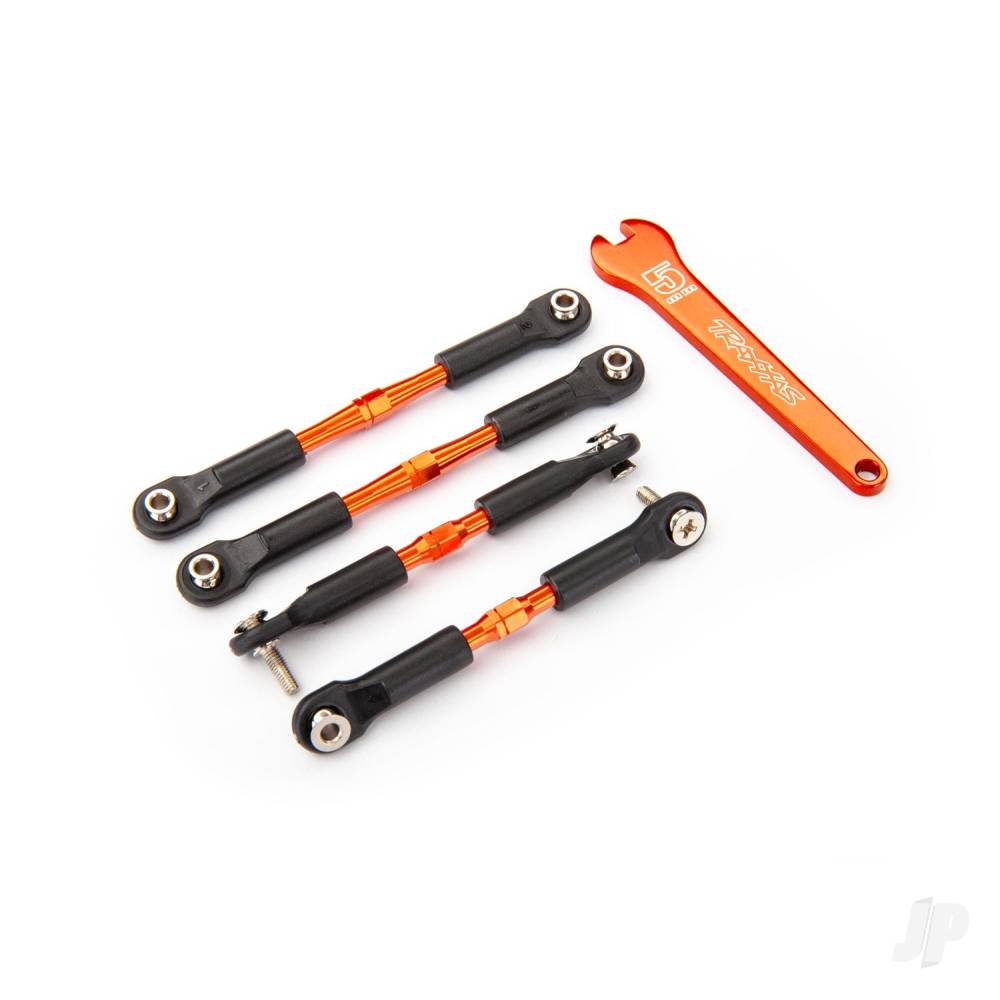 Traxxas Turnbuckles, aluminium (orange-anodised), camber links, front, 39mm (2), rear, 49mm (2) (assembled w/rod ends & hollow balls)/ wrench TRX3741T