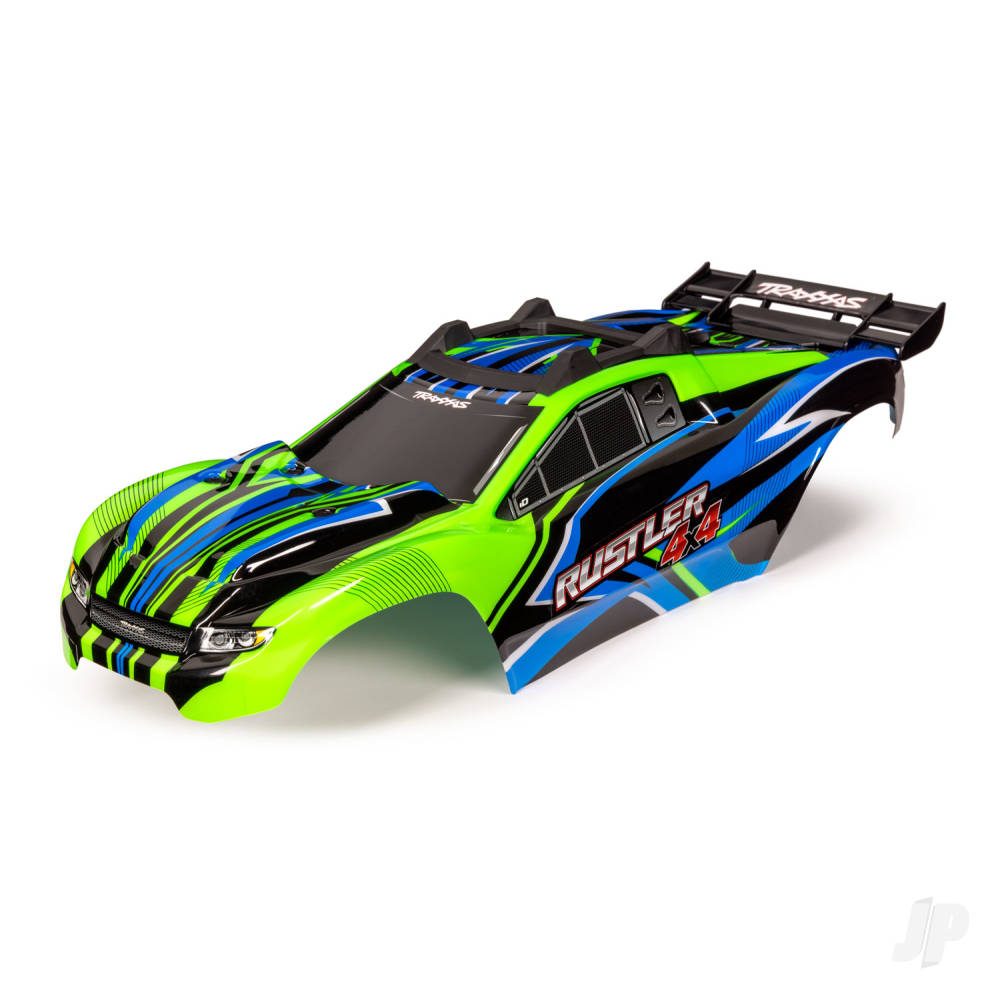 Traxxas Body, Rustler 4X4, green & blue/ window, grille, lights decal sheet (assembled with front & rear body mounts and rear body support for clipless mounting) TRX6734G