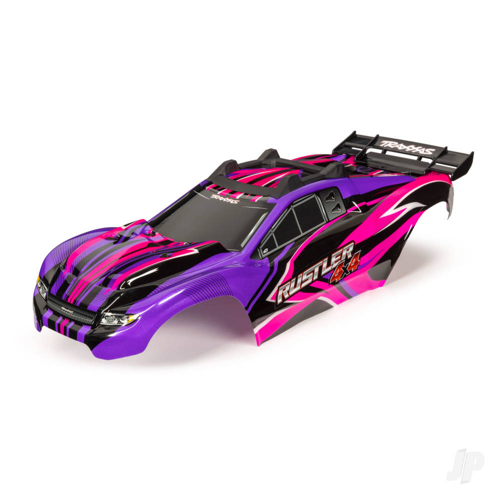 Traxxas Body, Rustler 4X4, pink & purple/ window, grille, lights decal sheet (assembled with front & rear body mounts and rear body support for clipless mounting) TRX6734P