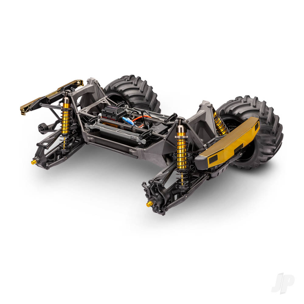 Model of a vehicle chassis with suspension and wheels on a white background