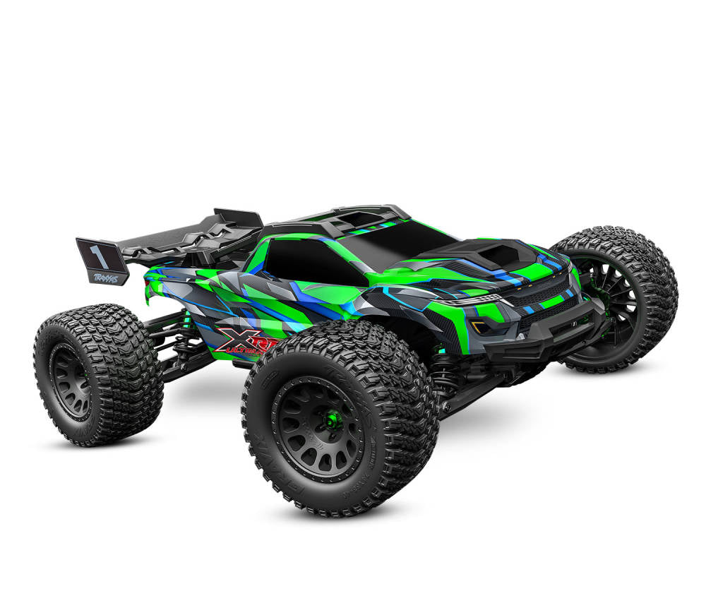 Green and black remote control monster truck on a white background
