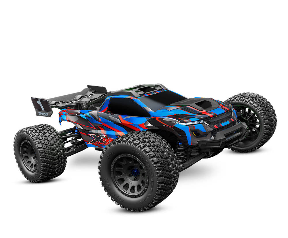 Remote control monster truck with blue and red design on a white background