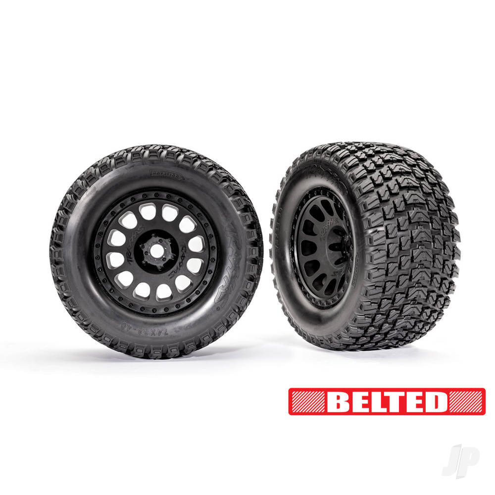 Traxxas Tyres & wheels, assembled, glued (XRT Race black wheels, Gravix belted tyres, dual profile (4.3" outer, 5.7" inner), foam inserts) (left & right) TRX7862