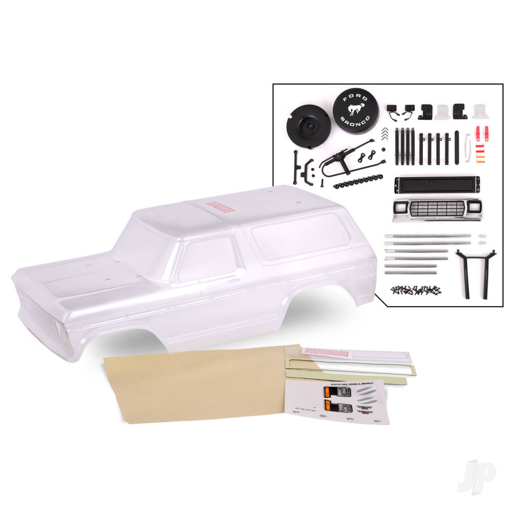 Traxxas Body, Ford Bronco (1979), complete (clear, trimmed, requires painting) (includes grille, side mirrors, door handles, windshield wipers, spare Tyre mount, decals, window masks) (requires #8072 inner fenders) TRX8010P