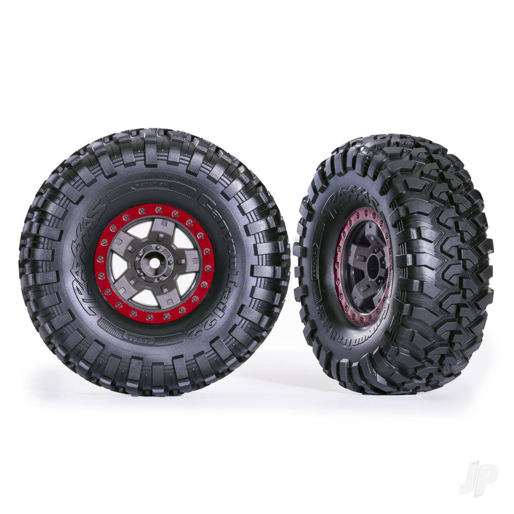 Traxxas Tyres & wheels, assembled, glued (TRX-4 Sport 2.2" gray, red beadlock style wheels, Canyon Trail 5.3x2.2" Tyres) (2) TRX8181-RED
