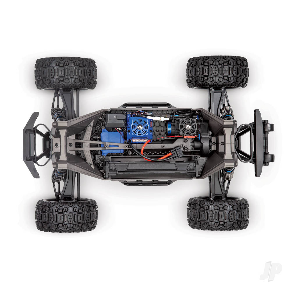 Traxxas Green Maxx monster truck top view showcasing the intricate brushless electric system and robust tires