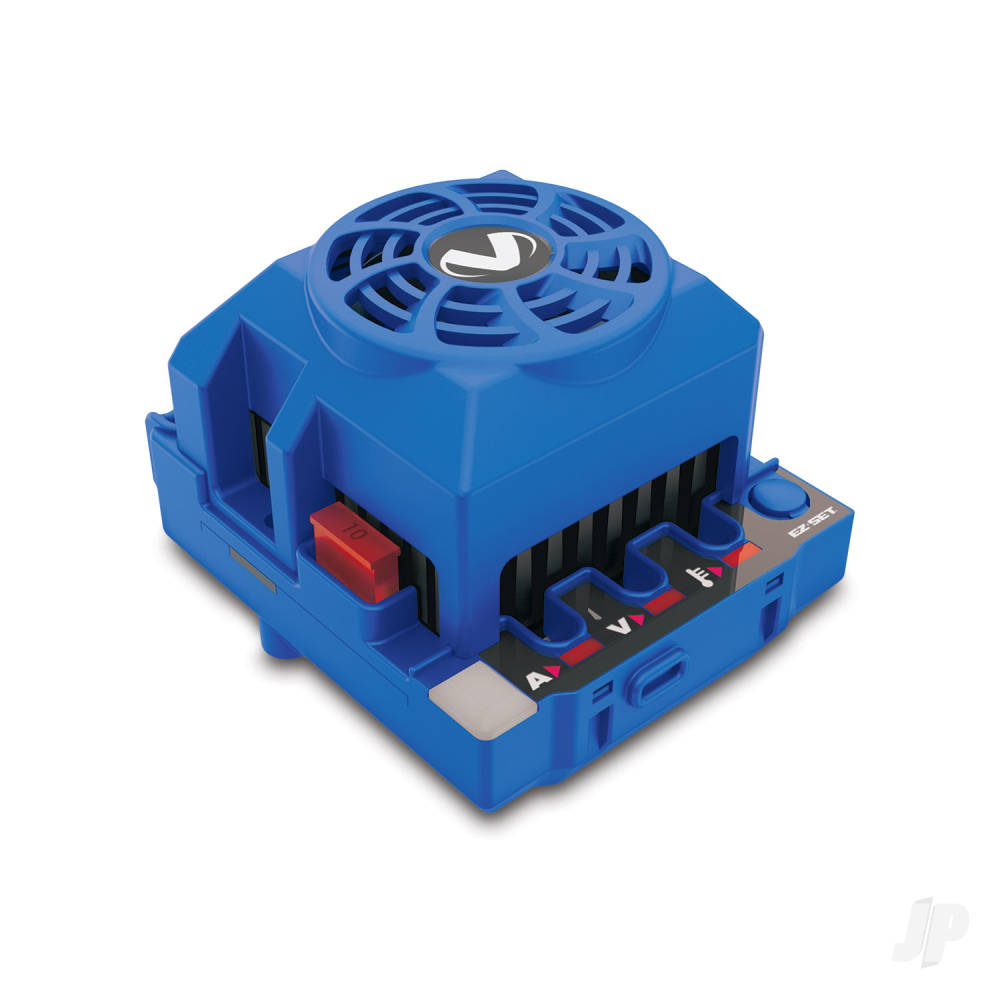 Traxxas Green Maxx monster truck VXL-4s ESC in blue, featuring cooling fan and adjustable settings.