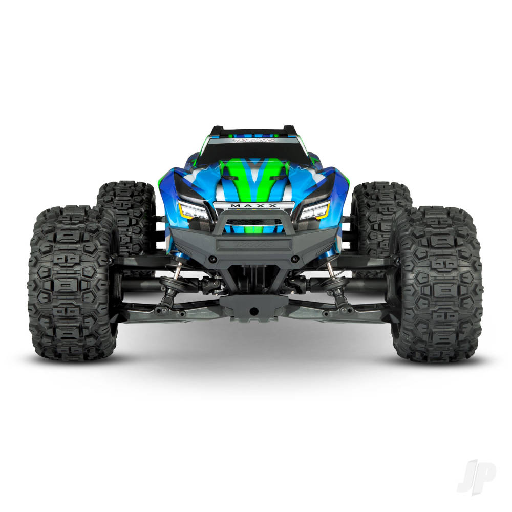 Front view of the Traxxas Green Maxx monster truck with bold blue and green design and large tires.