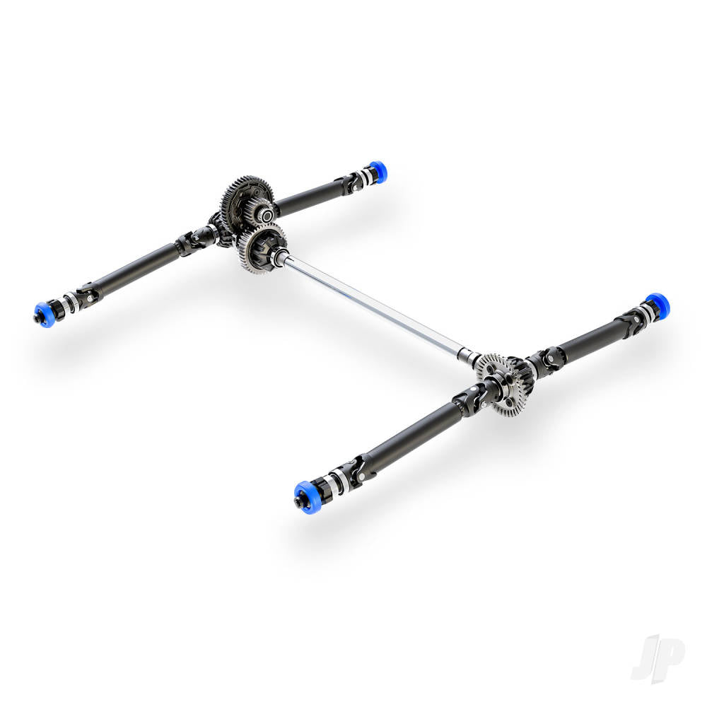 Traxxas Green Maxx monster truck drive shaft assembly with steel gears and blue accents for enhanced performance.