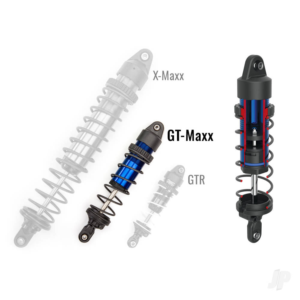 Shock absorbers for Traxxas X-Maxx, GT-Maxx, and GTR with distinct designs and blue accents.