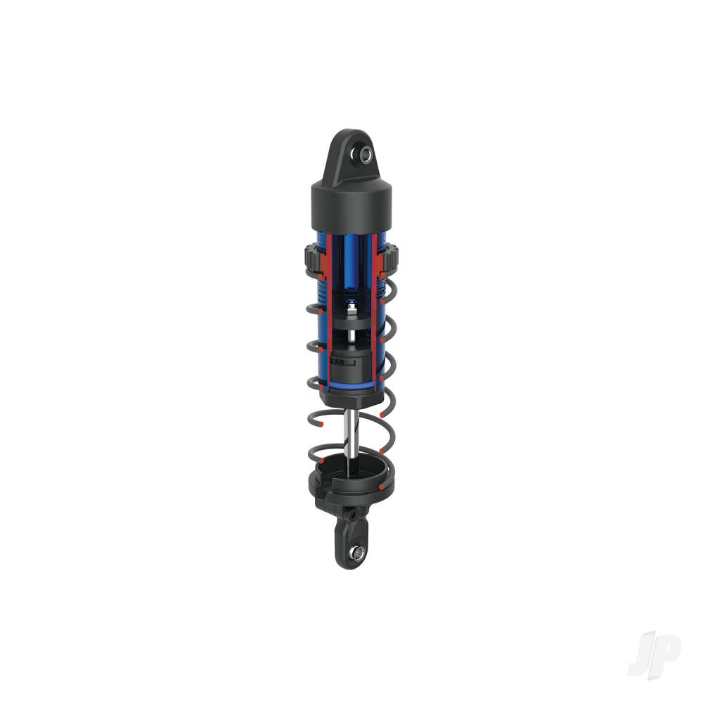 Traxxas Green Maxx monster truck shock absorber with blue and red details, designed for optimal performance in RC vehicles.
