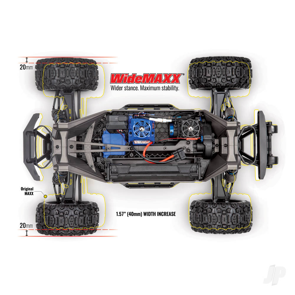 Top view of Traxxas WideMaxx monster truck showcasing its wider stance and stability features.