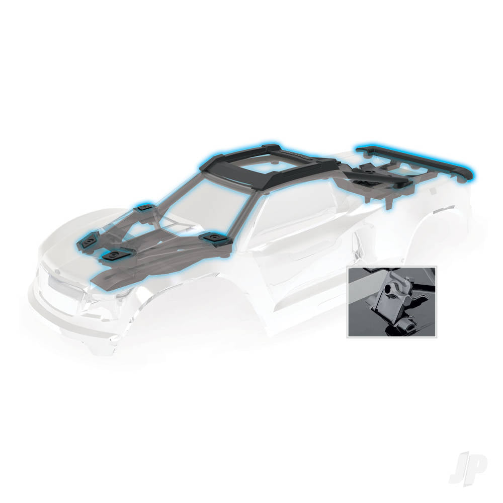 Traxxas WideMaxx monster truck body and roof parts highlighted in a detailed illustration.