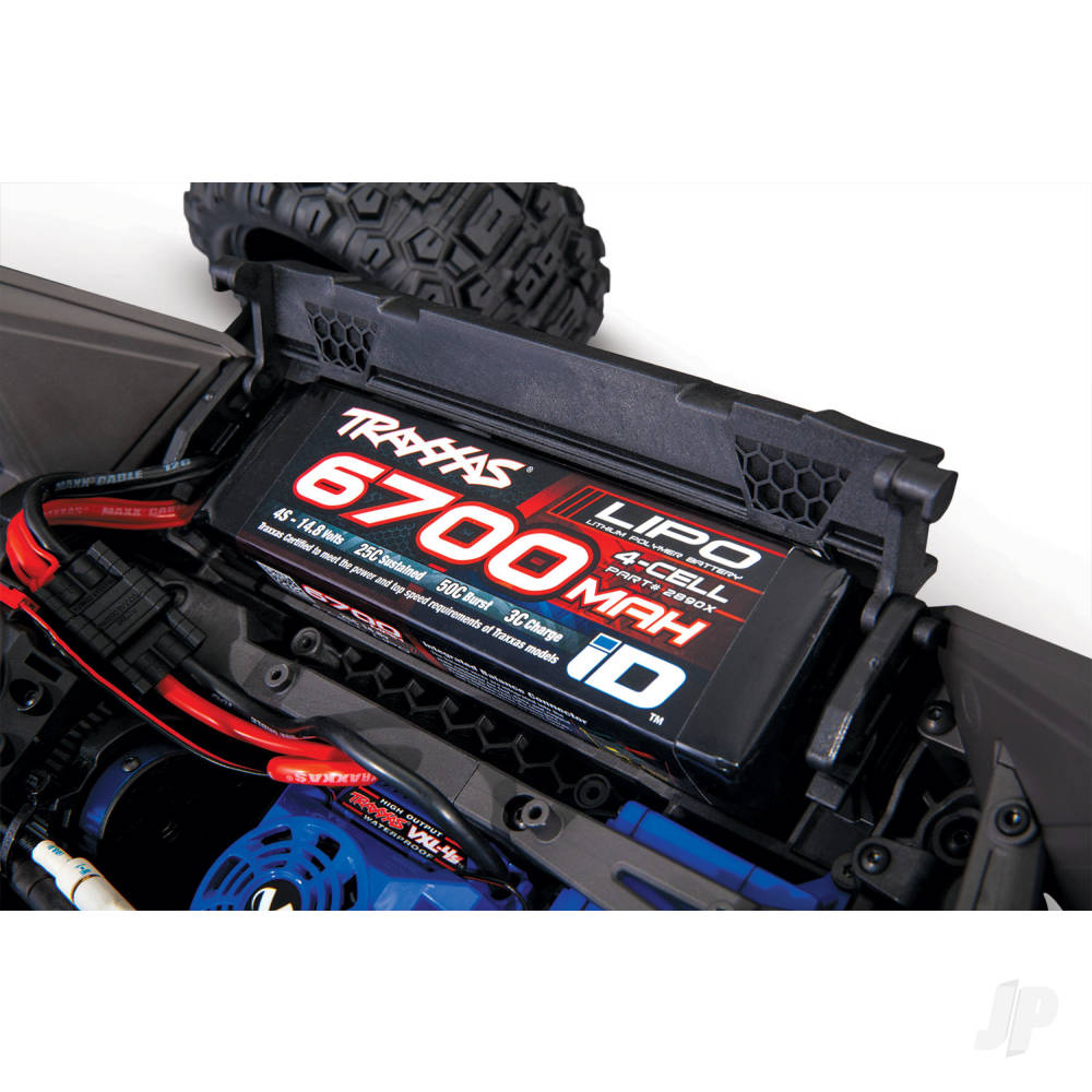 Traxxas WideMaxx monster truck battery compartment with 6700 mAh LiPo battery installed, ready for racing.
