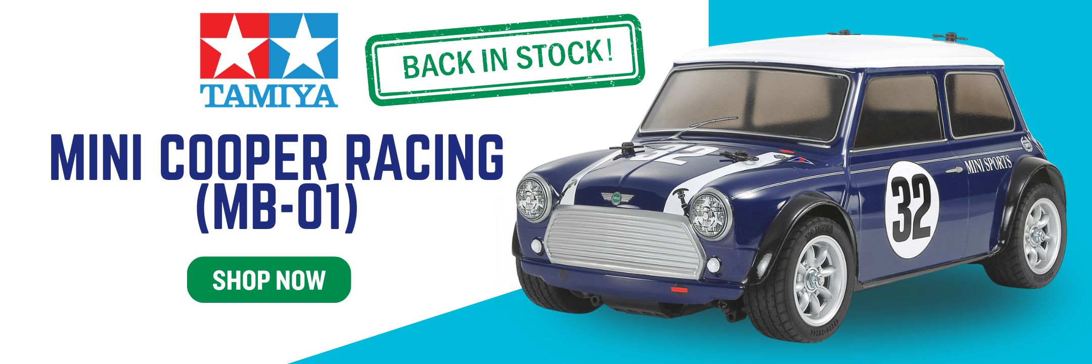Tamiya Mini Cooper Racing model car with 'Back in Stock' and 'Shop Now' text on a blue background