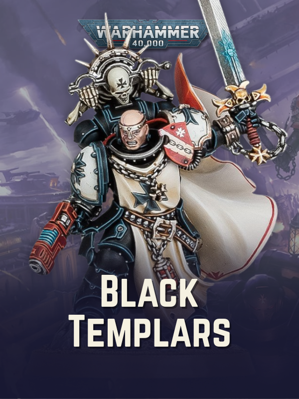 Warhammer 40,000 Black Templars figure with sword and shield on a dark background
