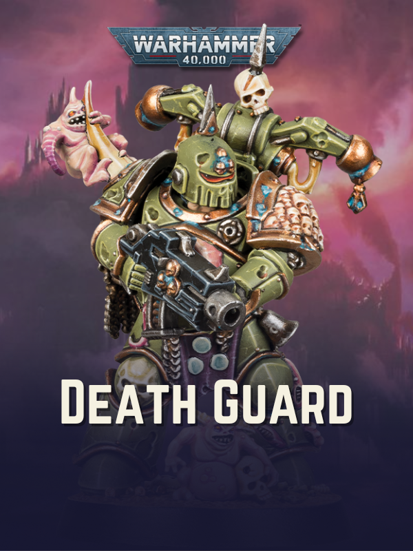 Warhammer 40,000 Death Guard character with detailed armor and weapon on a dark background