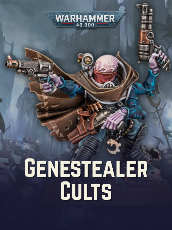 Warhammer 40,000 Genestealer Cults book cover with a character holding weapons.