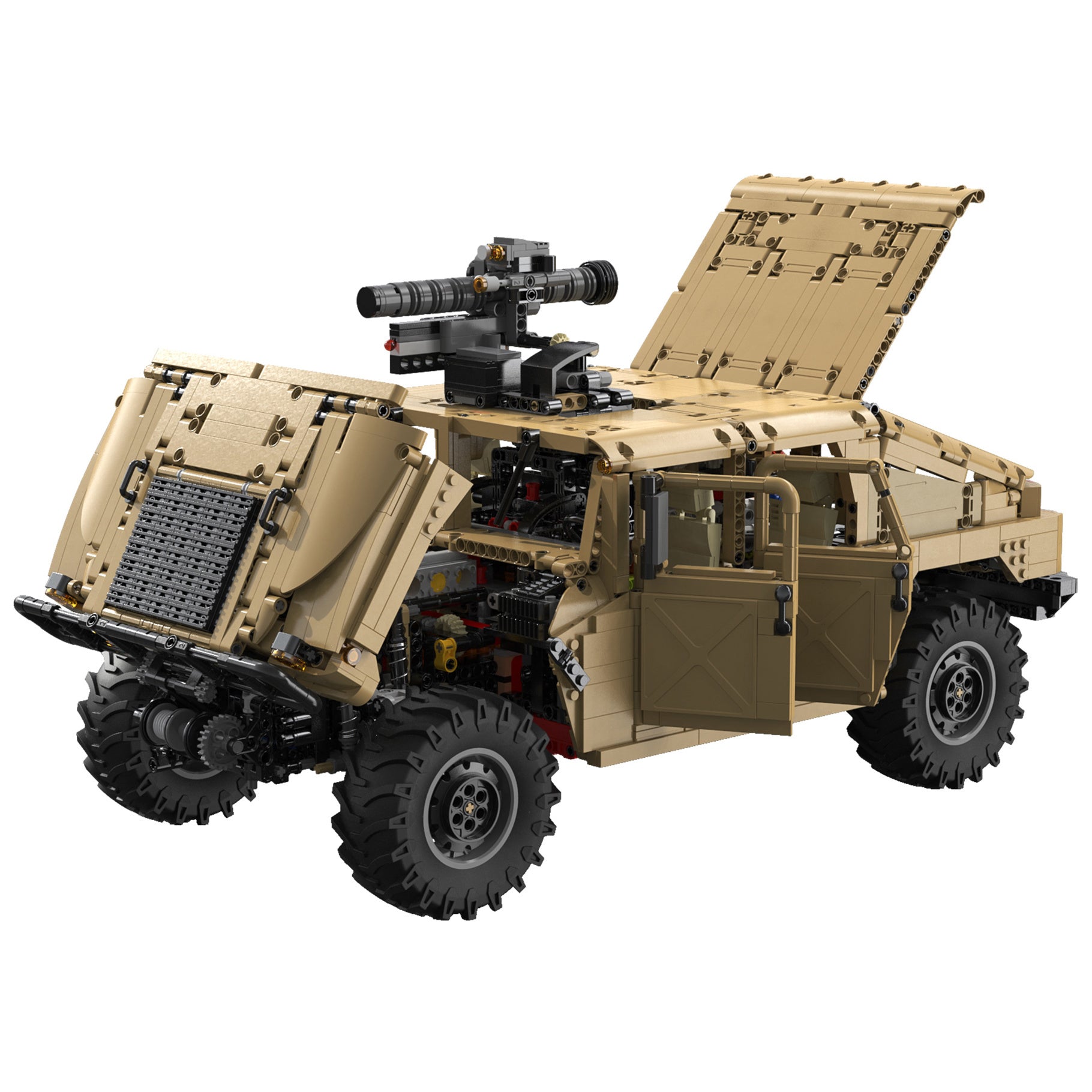 Toy military vehicle with a tan color scheme on a white background