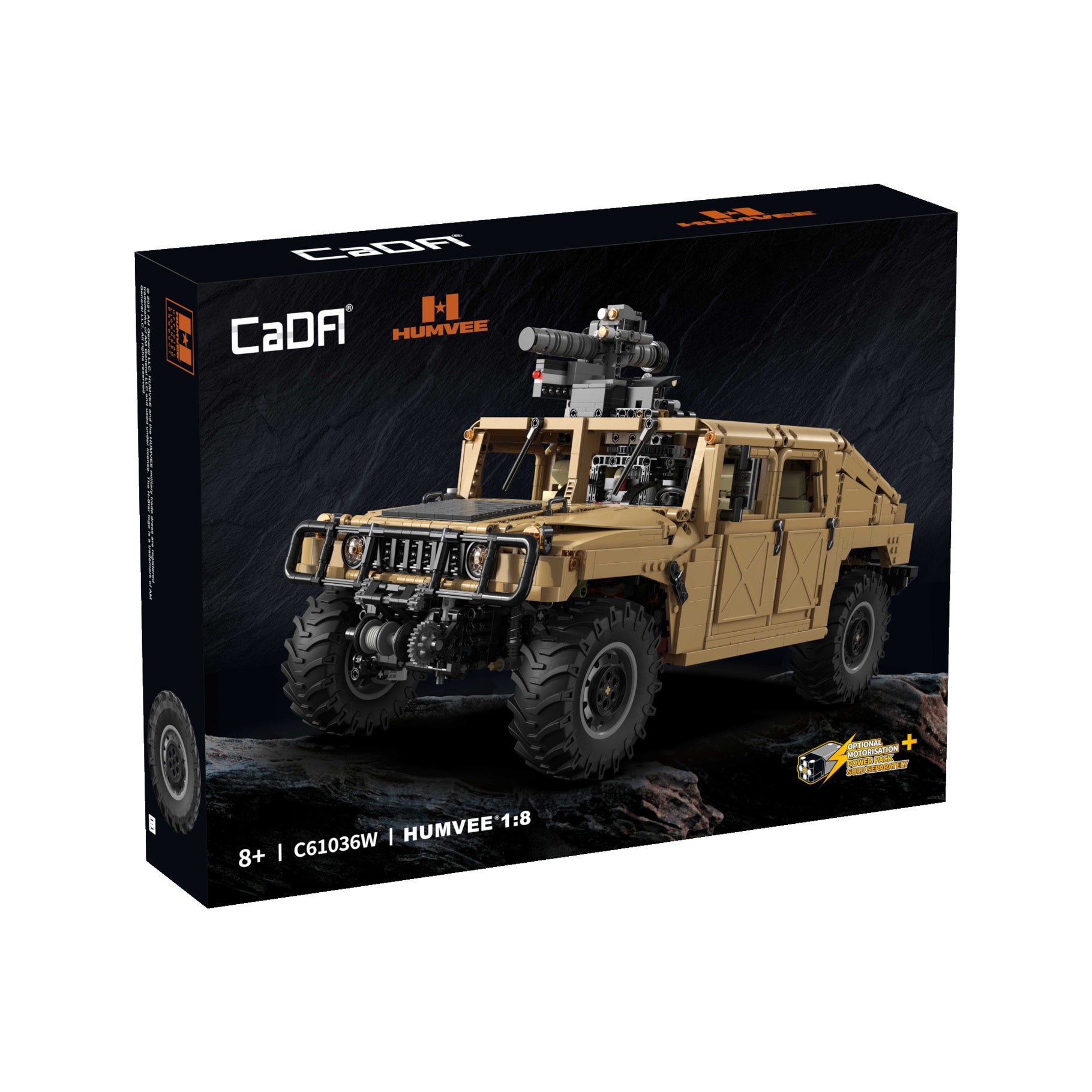 Boxed CaDA HUMVEE model kit with military vehicle on a dark background