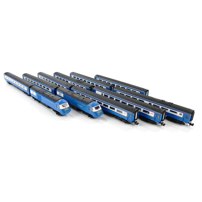 Dapol Class 43 HST Blue Pullman model train 11 Car Set DA2D-019-300 displayed in a row showcasing its detailed design.