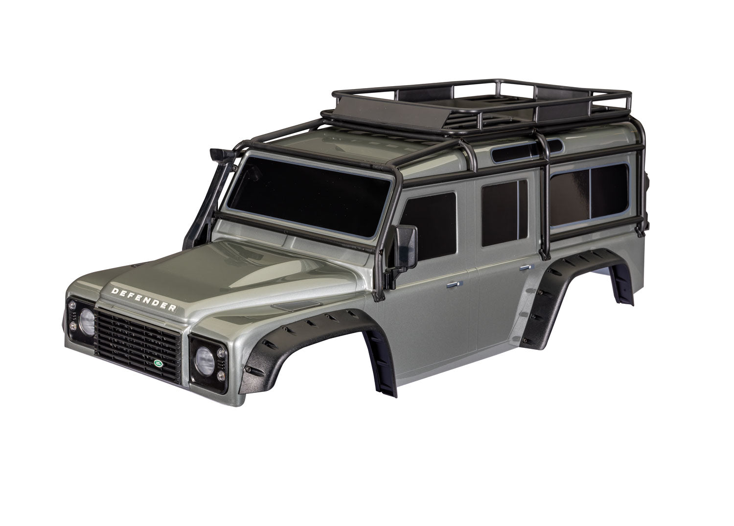 Body, Land Rover Defender, Silver (complete with ExoCage, fuel canisters, jack, spare tyre mount & clipless mounting)