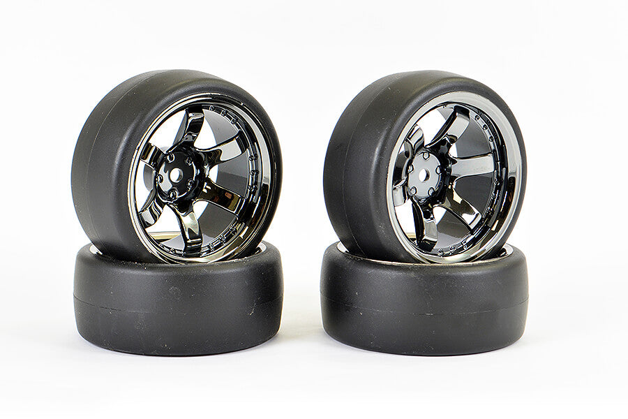 Fastrax 1/10 (4) Drift D1 Tyre W/9Mm 6-Spoke Wheel- Bk Chrome FAST1350BC-D19