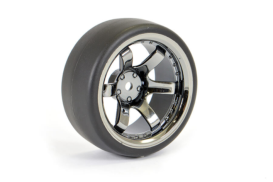 Fastrax 1/10 (4) Drift D1 Tyre W/9Mm 6-Spoke Wheel- Bk Chrome FAST1350BC-D19