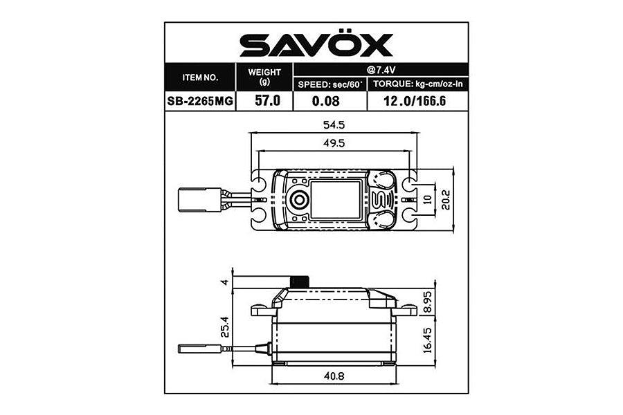 Savox Low Profile Brushless Hv Digi 12Kg/0.08S@7.4V - Black SAV-SB2265MG