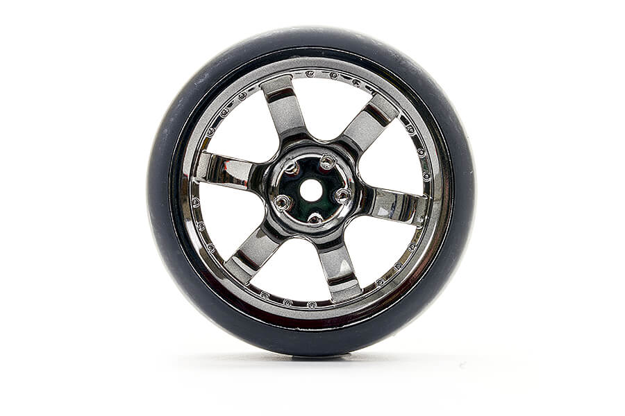 Fastrax 1/10 (4) Drift D1 Tyre W/3Mm 6-Spoke Wheel- Bk Chrome