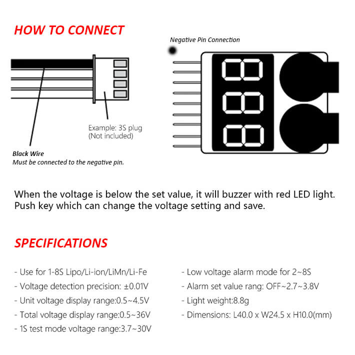 Etronix 1-8S Lipo Battery Cased Voltage Meter W/Alarm ET0239A