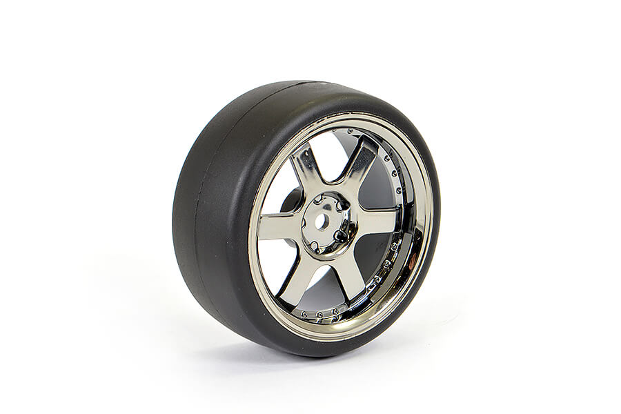 Fastrax 1/10 (4) Drift D1 Tyre W/3Mm 6-Spoke Wheel- Bk Chrome