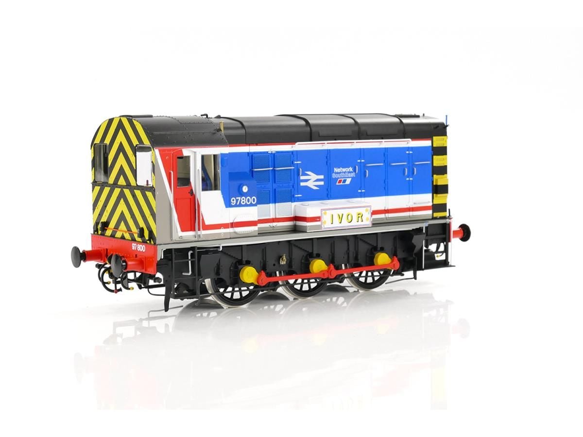Class 97 Ivor Network SouthEast model train 800 GM7210301 displayed on a reflective surface.