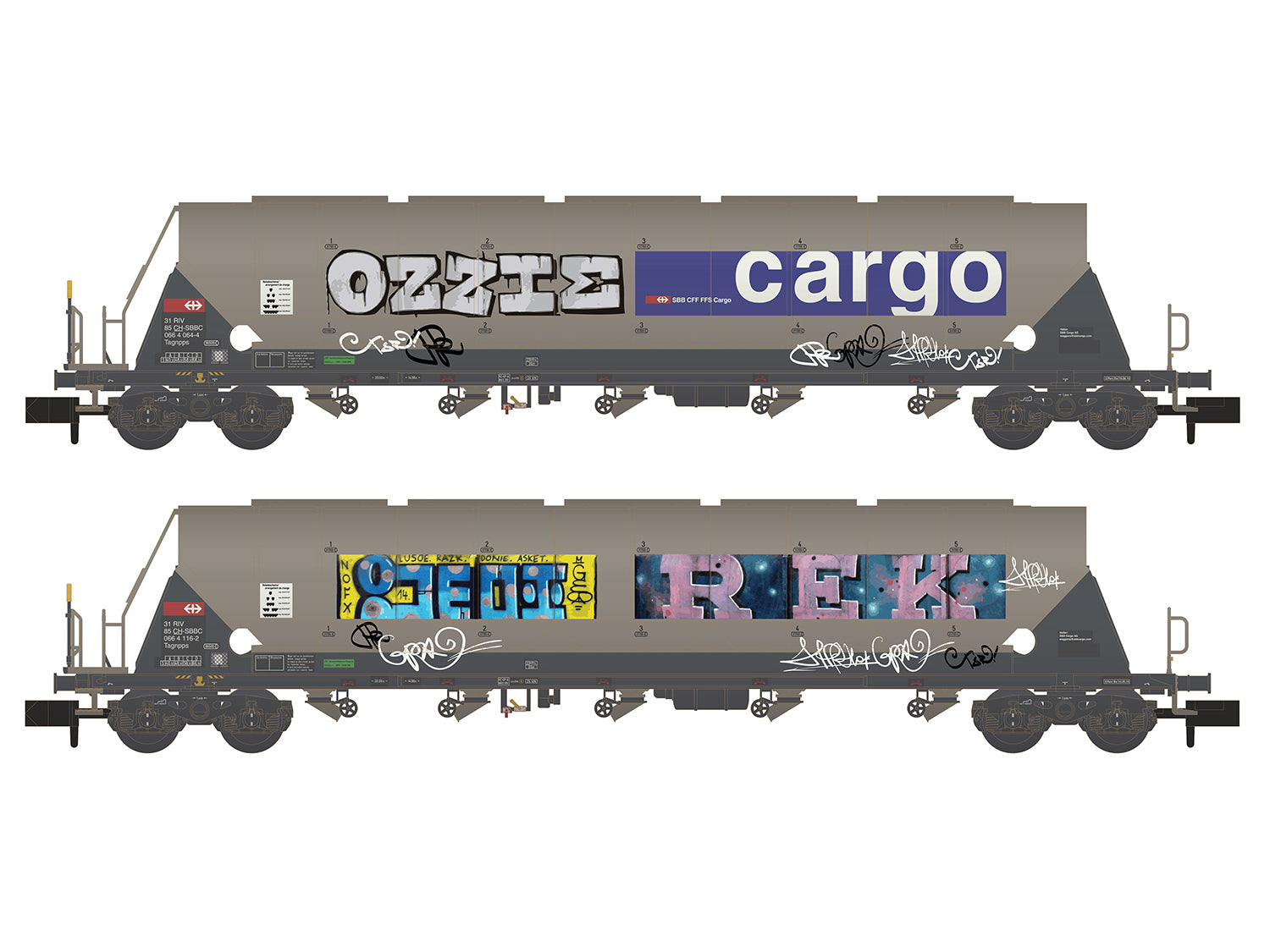 Hobbytrain SBB Cargo Taggnpps Bogie Hopper w/Graffiti Set (2) VI H23478