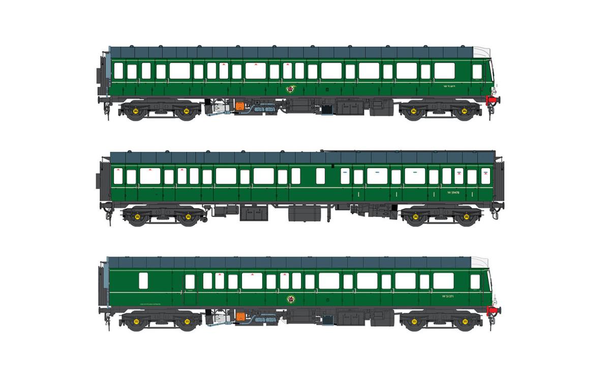 Heljan Class 117 3 Car DMU BR Green w/Speed Whiskers HN1175