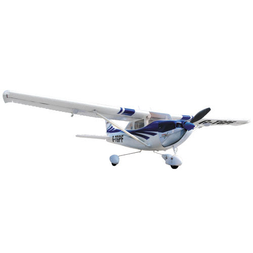 Top Gun Park Flite Cessna 182 Skylane RTF Blue flying in the sky.