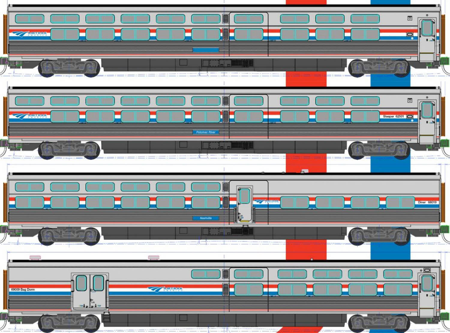 Kato (USA) Viewliner II Coach Set (4) Amtrak PhIII K106-8004