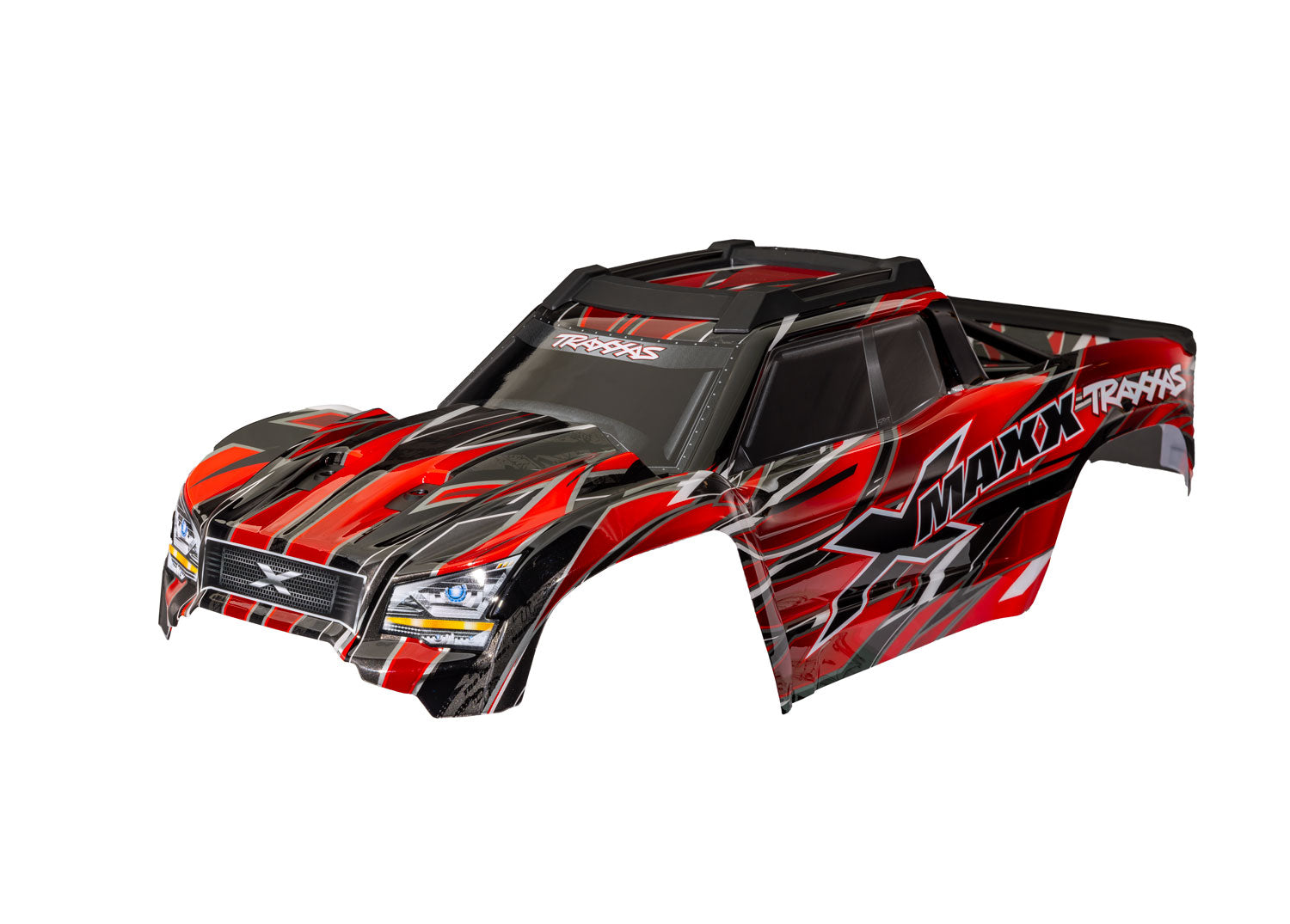 Body, X-Maxx, Red (painted, decals applied) (assembled with front & rear body mounts, rear body support, and tailgate protector)