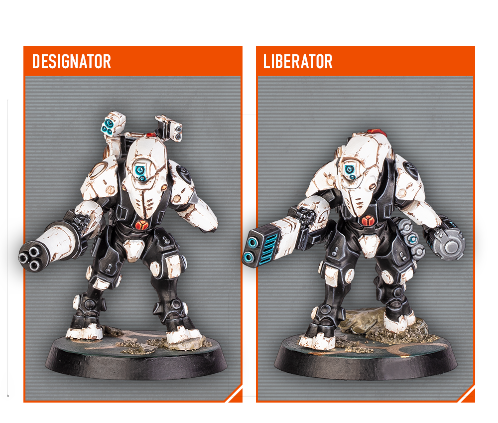 Two robot figurines labeled 'Designator' and 'Liberator' on a gray background.