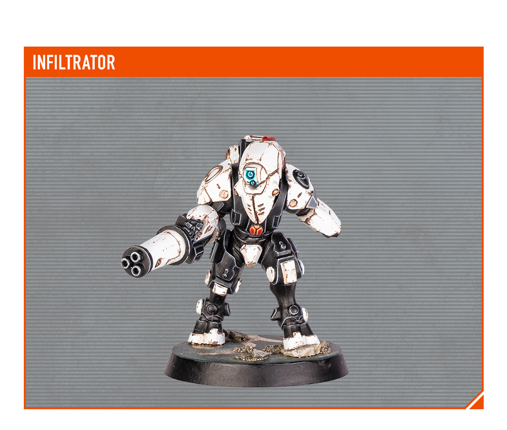 Mechanical figure labeled 'Infiltrator' on a gray background