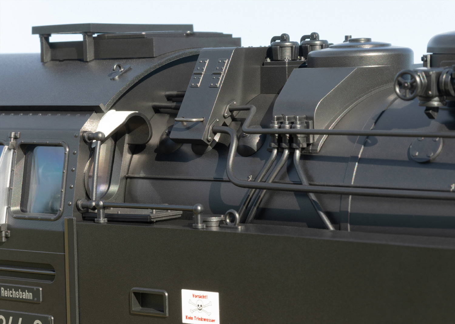 Close-up of a military vehicle with visible branding on a clear sky background