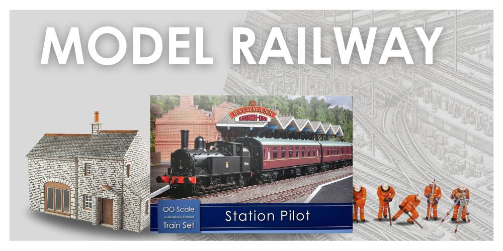 model railway, track, figures and buildings