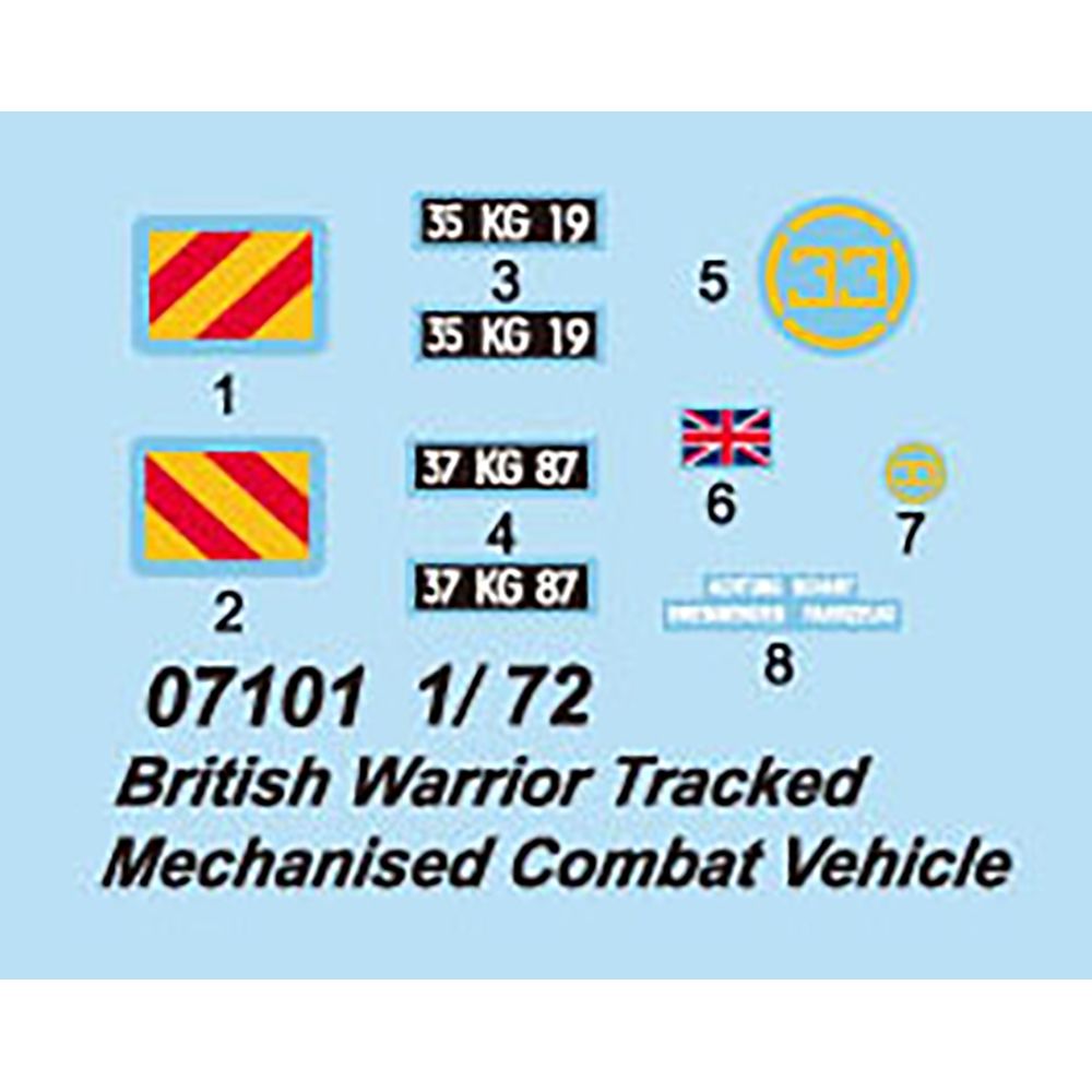 Model kit label for British Warrior Tracked Mechanised Combat Vehicle on a blue background