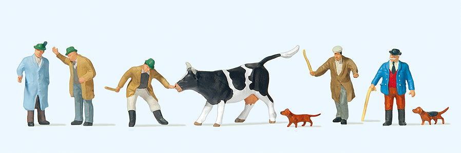 Preiser Cattle Traders (5) with Dogs (2) & Cow Exclusive Figure Ser PR10048