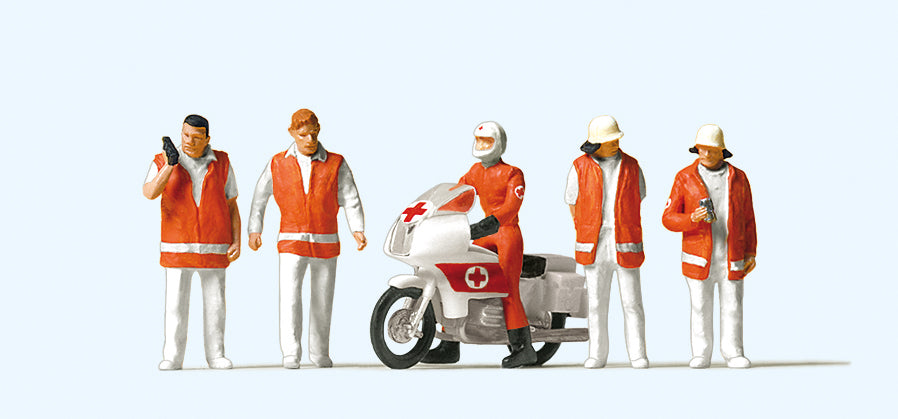 Preiser Rescue Personnel (5) w/Motorbike Exclusive Figure Set PR10100