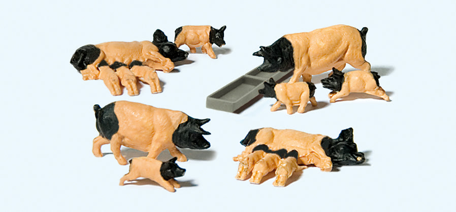 Preiser Black Faced Pigs of (14 & Trough) Exclusive Figure Set PR10149